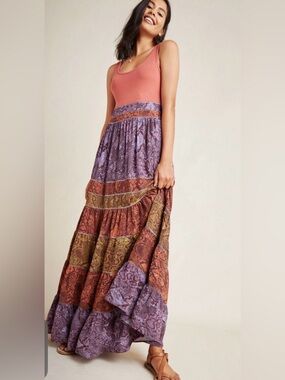 Anthropologie Colima maxi dress snakeskin print burnt orange purple tiered  S